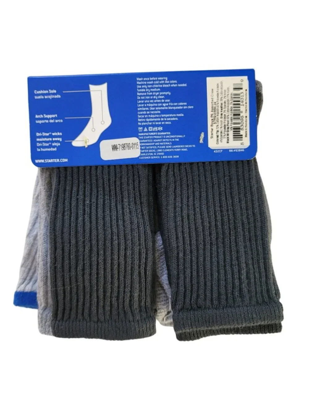 Starter Crew Boys Socks Gray 10-2.5 M 6 Pair Ribbed Dri-Star Support Cushion NEW